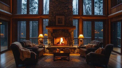 cozy interior featuring stone fireplace with crackling fire plush armchairs and warm ambient lighting creating inviting atmosphere