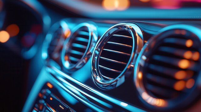 Close up of car air conditioning vents illuminating dashboard