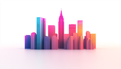 A vibrant, colorful skyline featuring modern skyscrapers in hues of pink and blue against a white background.