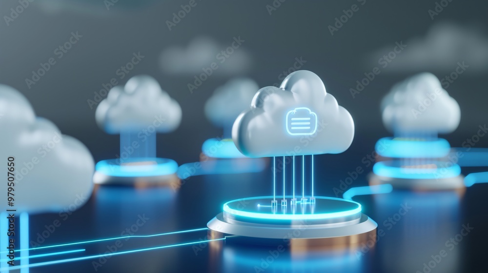 Poster modern cloud technology concept with virtual data storage and connections in a digital environment.