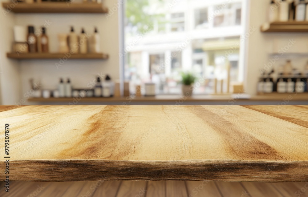 Poster the background of the image is a blurred coffee shop with an empty wooden table and a product displa