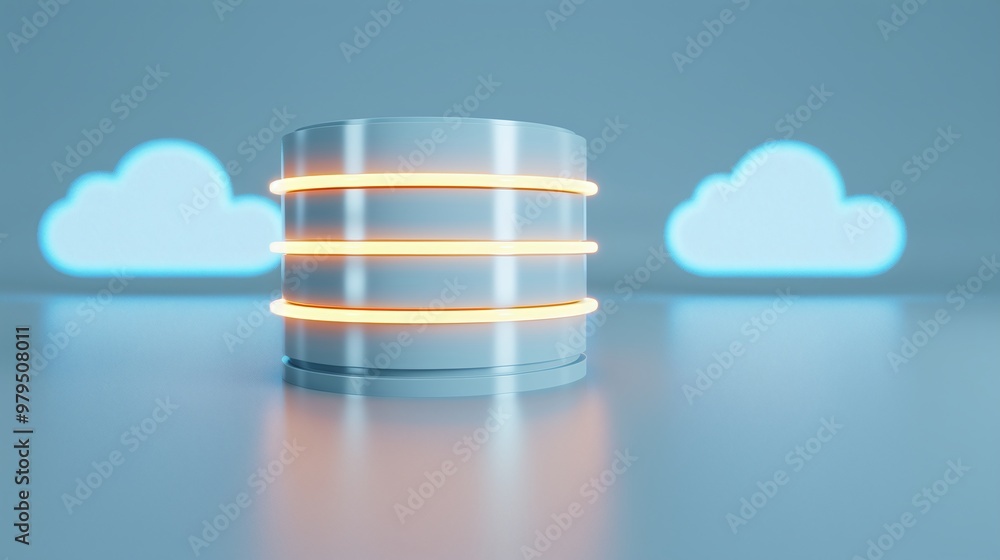 Poster modern data storage concept featuring a sleek database and cloud icons, symbolizing technology and i