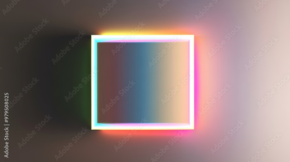 Poster raised square with rainbow illuminated trim. white surface with 3d embossed shape. 3d rendered.