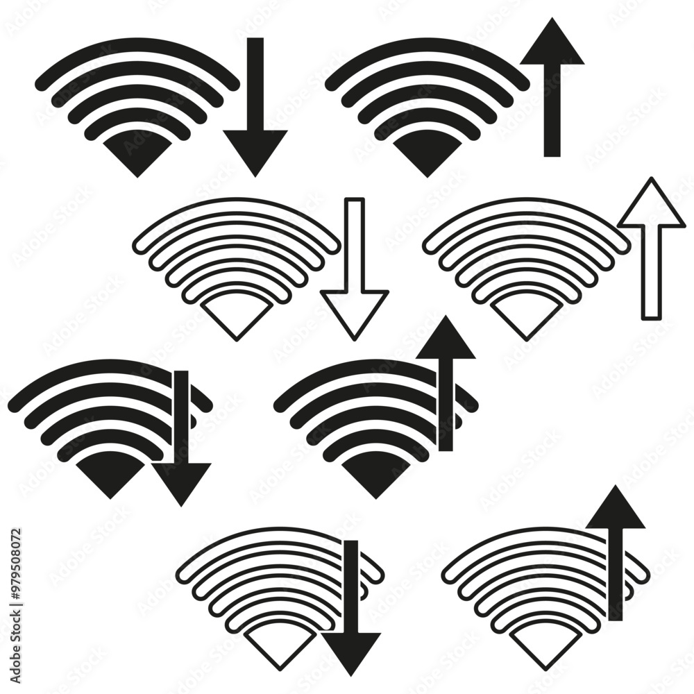 Poster wifi signal icons. download and upload arrows. strong and weak connection. vector technology set.