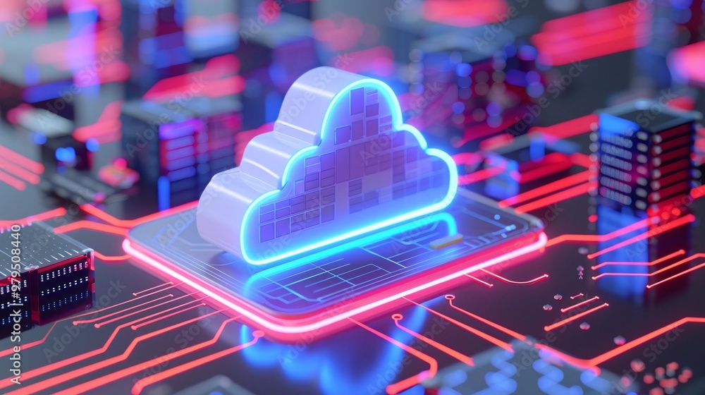 Poster modern digital cloud symbol glowing on a circuit board, representing data storage and technology inn