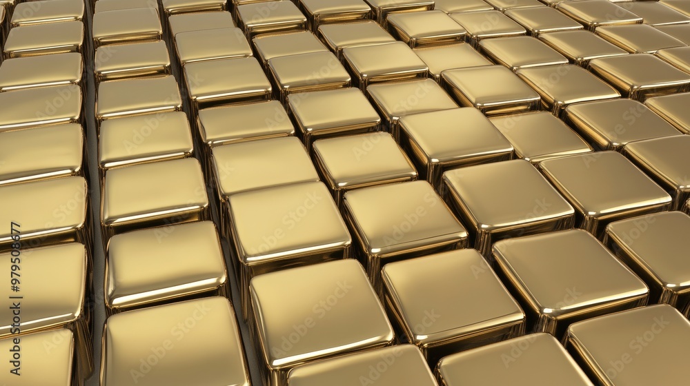 Poster a 3d rendering of luxury mosaic tiles arranged in the shape of a wall. gold, rectangular, blocks sta