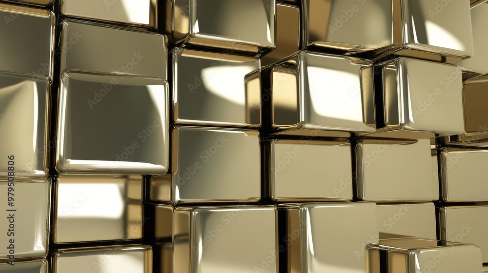 Poster luxury mosaic tiles arranged as a wall. rectangular, gold blocks stacked to create an attractive bac