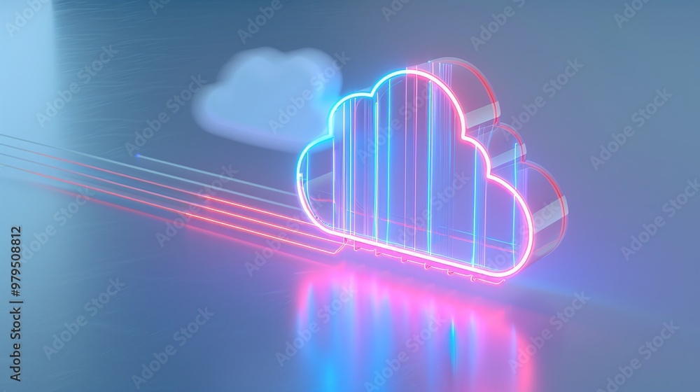 Poster modern digital illustration of a cloud with neon light effects, symbolizing cloud computing and data