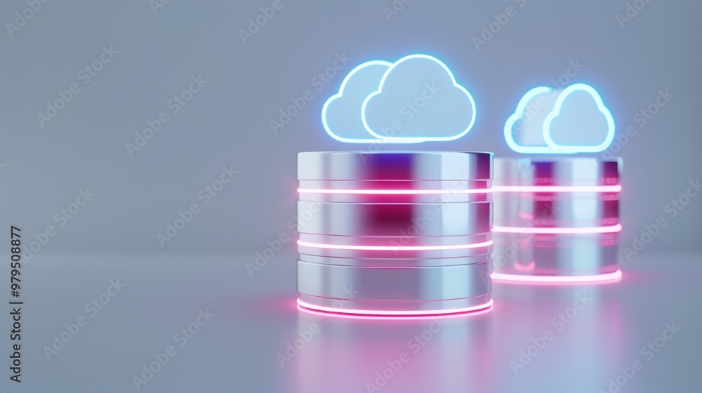 Poster modern digital storage concept featuring shiny database servers with glowing cloud icons, representi