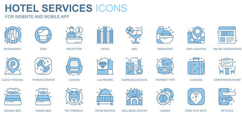 Hotel services web icons set in duotone line design. Pack of restaurant, chef, reception, bar, breakfast, map location, online reservation, guest, other outline stroke pictograms. Vector illustration