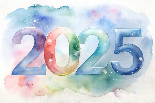 Happy new year 2025. New Year festive background, watercolor. Greeting card, Event invitation.