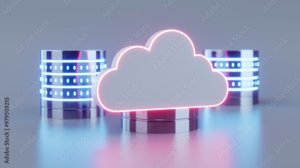 Poster neon cloud icon surrounded by glowing data cylinders, representing modern cloud computing and digita