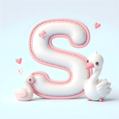 Obraz premium Sweet Swan Letter S: A charming 3D illustration of the letter S, adorned with a delicate pink border, a cute bow, and two adorable swan figurines. Perfect for baby showers, nursery decor.