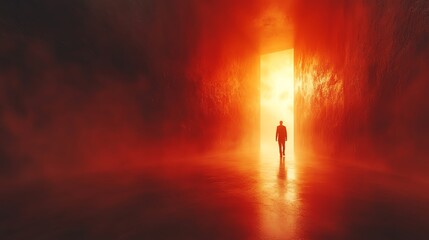 Person stepping through a doorway into bright light, representing a new beginning