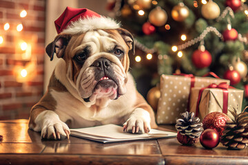Cute dog writes letter to Santa Claus in red hat. Funny christmas image.