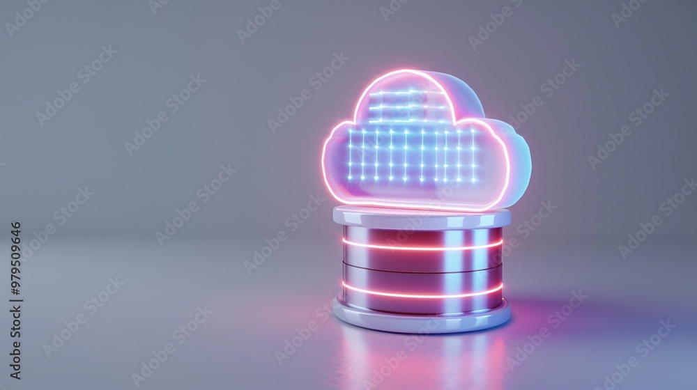 Poster stylish 3d cloud storage icon illuminated with neon lights, representing digital data solutions and 