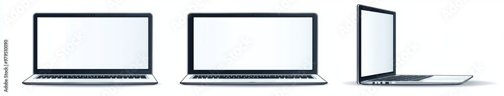 Poster an illustration of a collection of laptops with empty screens isolated on a transparent background. 