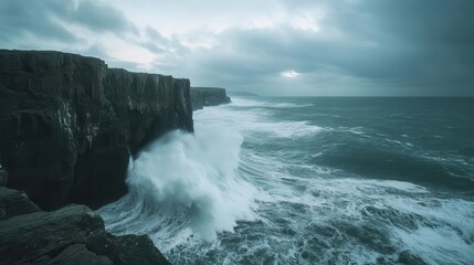 Fototapeta premium dramatic stormy ocean waves crashing against rocky cliff moody coastal landscape long exposure seascape photography