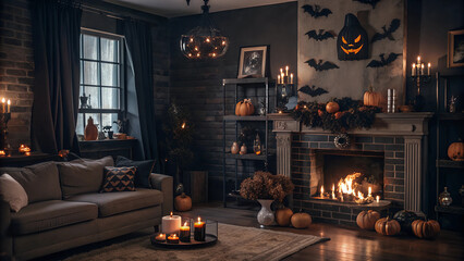 Living room decorated for Halloween. Creepy Halloween living room