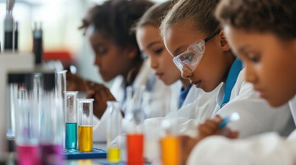 Large group of diverse children in lab coats in chemistry class having fun with science experiment, concept, education, learning, development