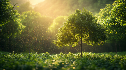 Tree in a Sunlit Forest During Rain