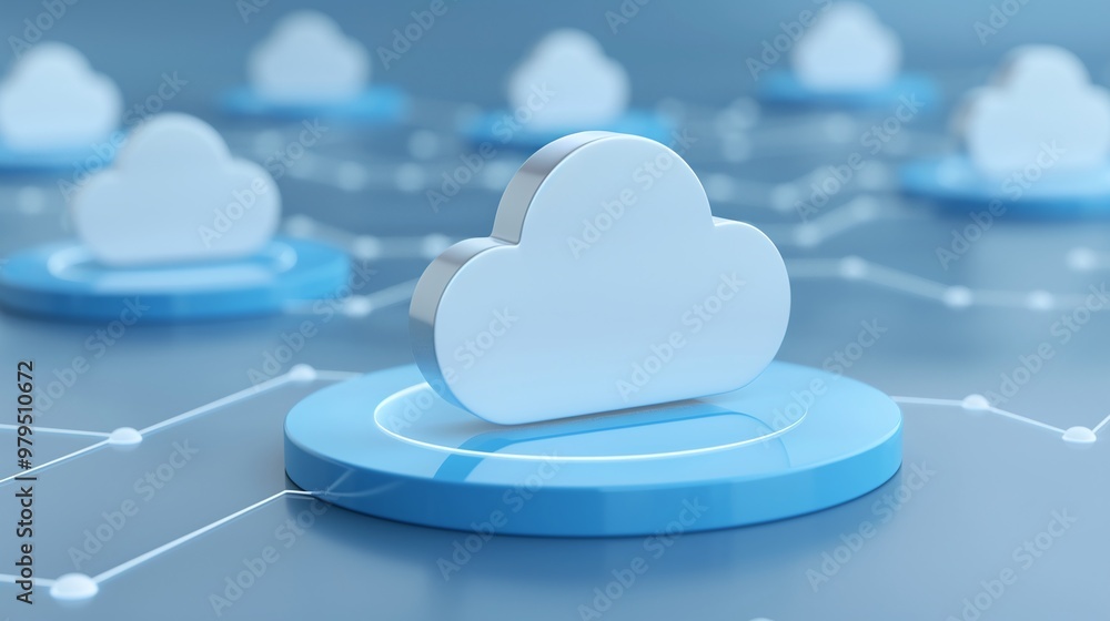 Poster stylish cloud icon on a blue platform, representing cloud computing and digital connectivity in a mo