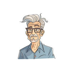 Cartoon Illustration of a Thoughtful Elderly Man with Grey Hair and Glasses