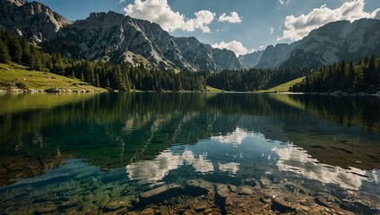 Black Lake in Durmitor National Park, sunny landscape