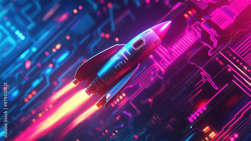 Poster dynamic illustration of a sleek rocket blasting off trailing vibrant neon exhaust against a backdrop