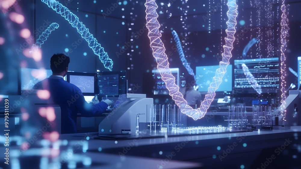 Aufkleber scientist working with digital dna models in a futuristic laboratory