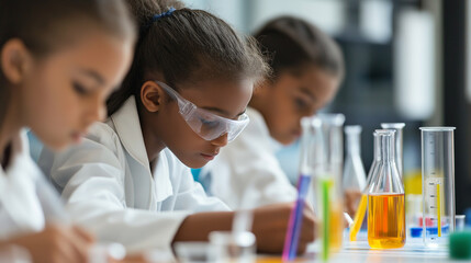 A large group of diverse children in lab coats in chemistry class having fun with science experiments, concepts, education, learning, development