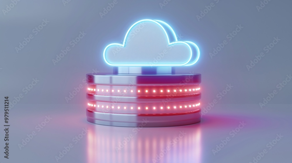 Poster stylish cloud icon with neon lights on a modern base, representing cloud computing technology and di