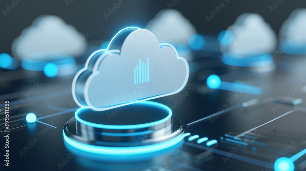 Poster stylish cloud icon with upward graph on digital interface, representing data growth and cloud comput