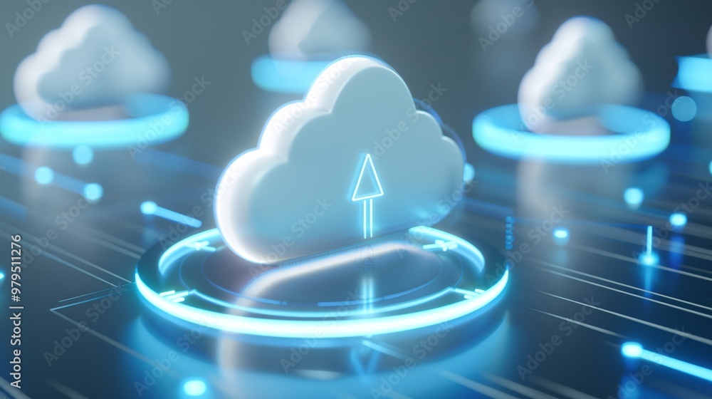 Poster stylish cloud icon with upload symbol, representing digital storage and cloud technology in a modern