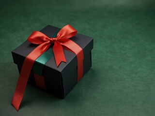 Black matte gift box with a glossy red ribbon on a green background.