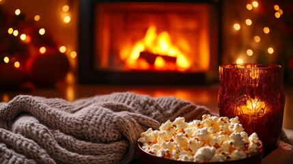 Cozy Fireplace Setting with Popcorn and a Blanket