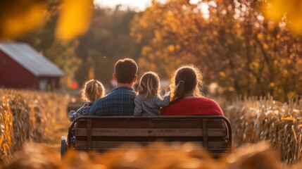 Family of Four Sitting on a Wagon in a Cornfield