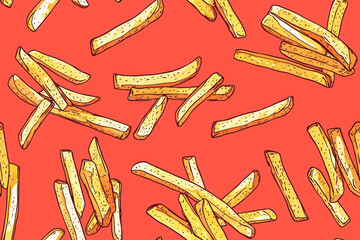 Golden fried french fries fried potato fast food vector illustration pattern.