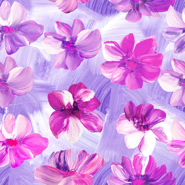 Seamless pattern of abstract pink flowers, original hand drawn, impressionism style, color texture, brush strokes of paint,  art background.