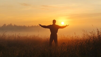 Silhouette of a Man with Arms Outstretched Towards the Rising Sun
