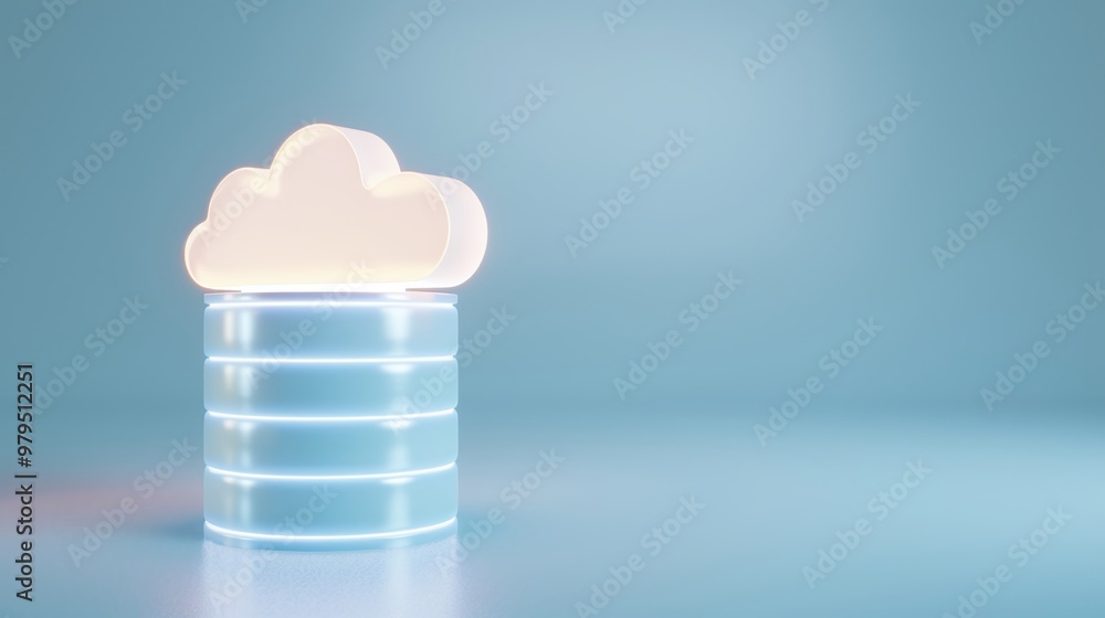 Poster stylish depiction of cloud data storage, featuring a glowing cloud over a modern server symbolizing 