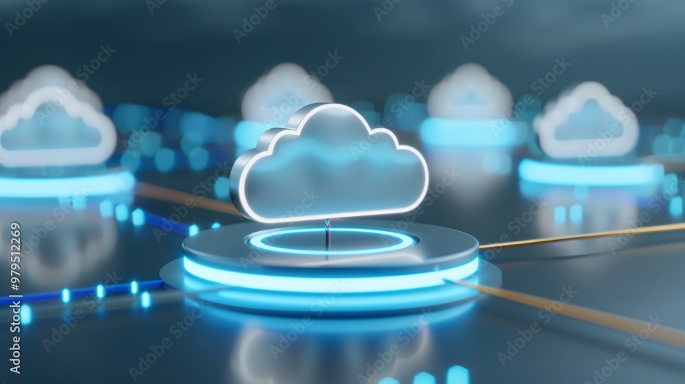 Poster stylish digital cloud icons with glowing edges on a modern network background, symbolizing cloud com