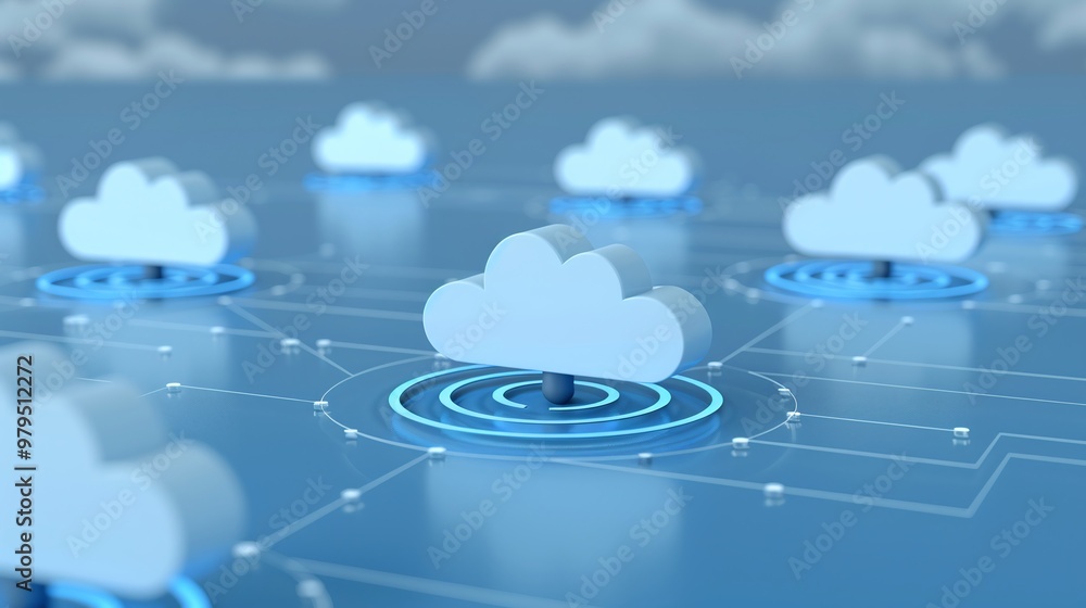Poster stylish digital cloud network illustration showcasing cloud computing and connectivity with glowing 