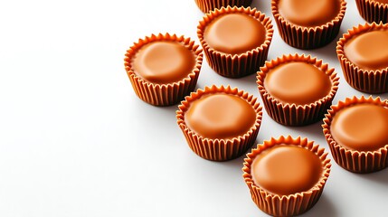 Sweet caramel chocolates, perfectly portioned in candy cups, ready to be savored against a white backdrop.
