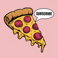 A subscribe button shaped like a giant slice of pizza, comic illustration