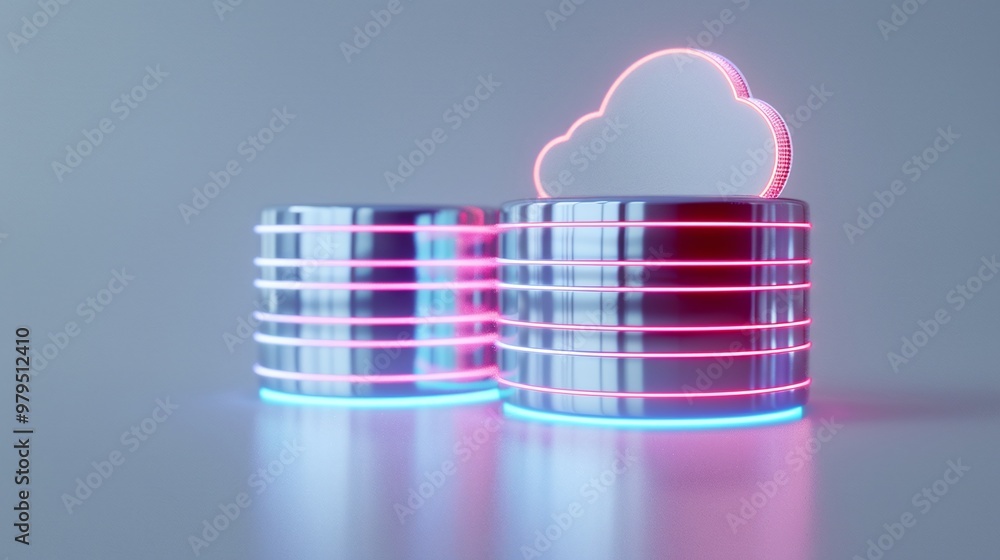 Poster stylish digital representation of cloud storage with neon accents, symbolizing data security and mod