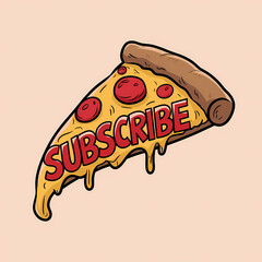 A subscribe button shaped like a giant slice of pizza, comic illustration