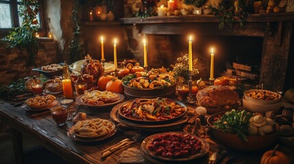 Rustic Medieval Feast with Candles and Food