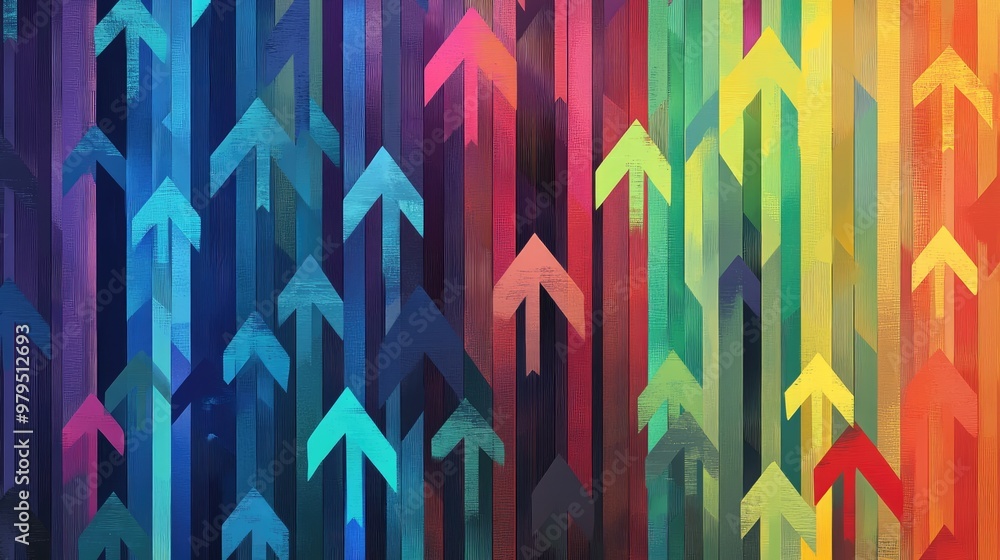 Poster arrows in a rainbow gradient create a dynamic pattern, representing direction, movement, and colorfu