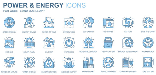 Power and energy web icons set in duotone line design. Pack of green, petrol tank, eco, oil barrel, battery, solar panel, recycling bin, renewable, other outline stroke pictograms. Vector illustration